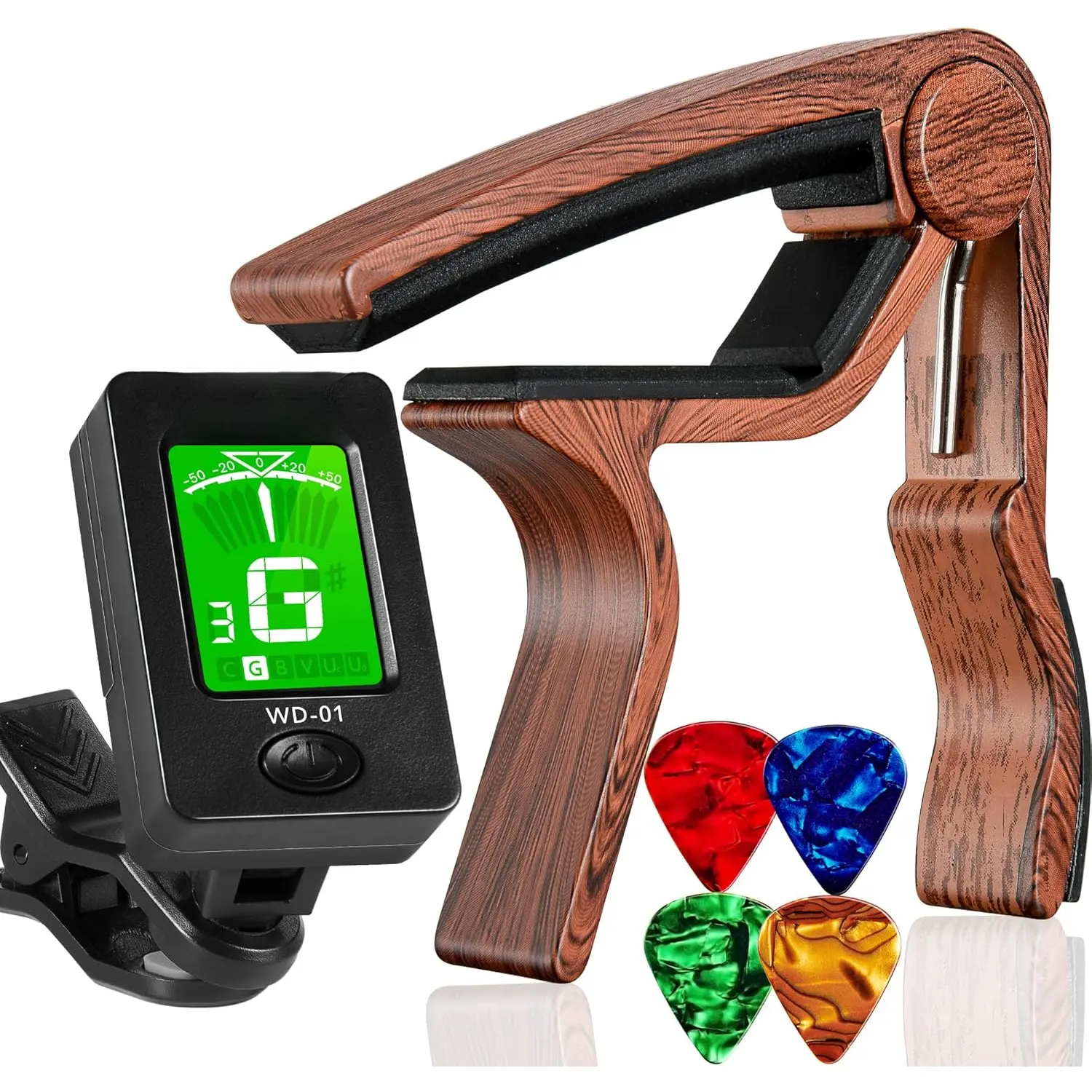 Guitar Tuner and Guitar Capo, Clip-On Tuner with Rosewood Color Capo for Acoustic Electric Guitar Bass Ukulele