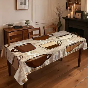 JIT+1pcs 2D flat printed tablecloth  Vintage Coffee Cup Printed Tablecloth, Decorative Cover for Coffee Shop Restaurant Dining Table, Dustproof Cloth for Living Room Coffee Table