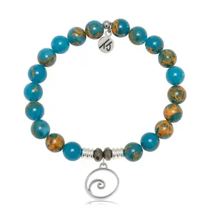 Ocean Jasper Gemstone Bracelet with Wave Sterling Silver Charm