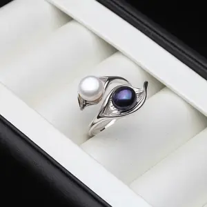 Real Natural Freshwater White Black Double Pearl Rings,Wedding 925 Silver Pearl Rings Adjustable Wife Mother Birthday Gift Pink