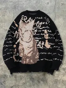 Men's Autumn Winter Casual Loose Fit High-Low Cat Print Animal Graphic Long Sleeve Round Neck Pullover Sweater, Vintage Street Style Knitwear