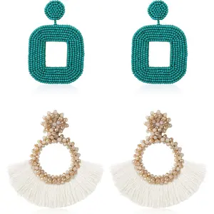 FINREZIO 2 Pairs Green White Boho Beaded Tassel Earrings Set for Women Men Handmade Square Seed Bead Drop Stainless Steel Earrings Fringe Hoop Earrings Statement Bohemian Jewelry Set for Summer Beach Vacation Party Gift Giving