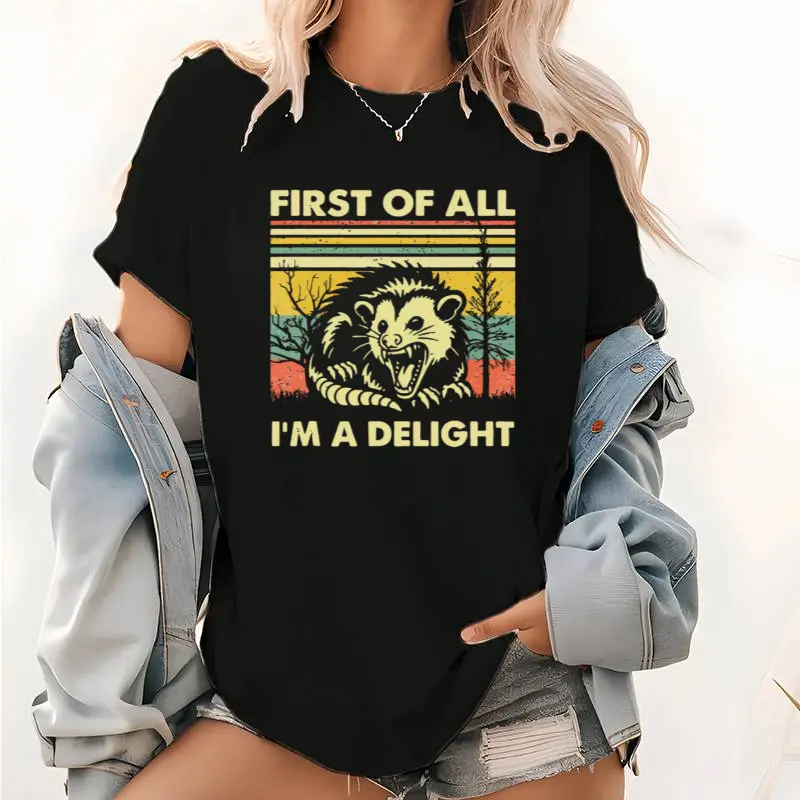 Retro Sunset Opossum Vintage Graphic T-Shirt - Polyester Knitting Ditsy Print, High-Definition Premium, Soft Casual Party Sleeve Top, Versatile Daily Wear, Affordable Gift for Weird Cute Opossum Meme Fans, Fabric