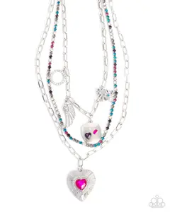 Angelic Ambition - Multi Pink Heart Charm Angel Wing Silver Layered Short Necklace - Paparazzi