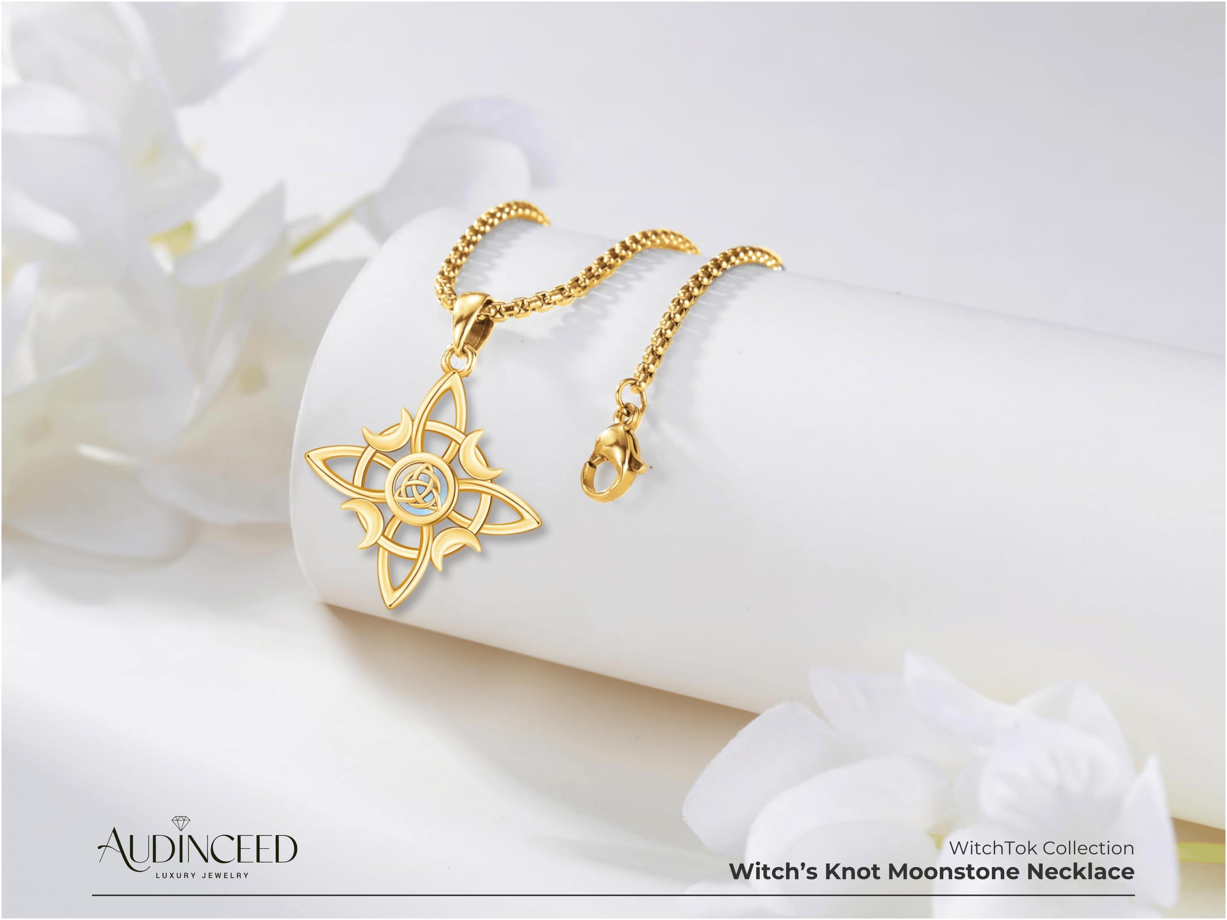 Audinceed Witch Knot Moonstone Necklace, S925 Sterling Silver Cosas Nudo De Bruja Plata 925 Moonstone Pagan Wiccan Witch Witches Knot Silver Necklace Pendant Dark Feminine Jewelry Gift for Woman Girl