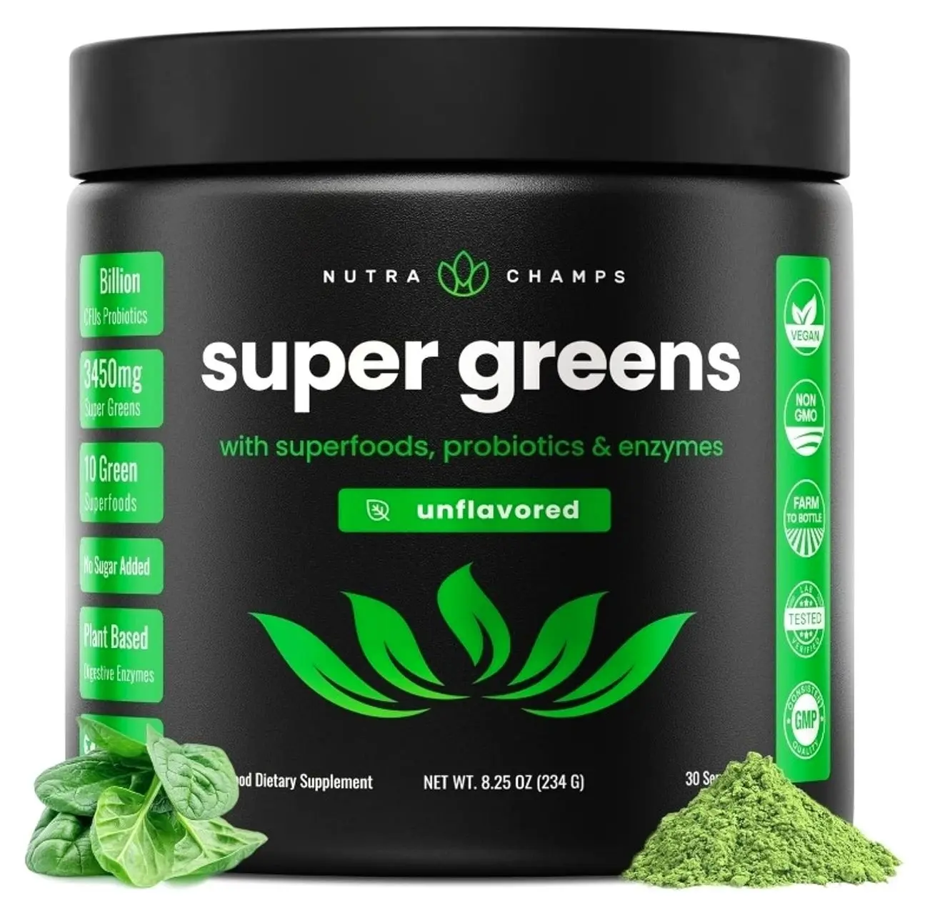 NutraChamps Super Greens Powder Premium Superfood | 20+ Organic Green Veggie Whole Foods | Wheat Grass, Spirulina, Chlorella | Antioxidant, Digestive Enzyme & Probiotic Blends (9.0 Oz, Unflavored)