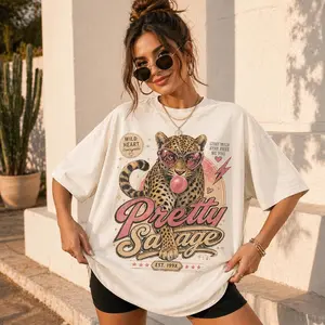 Leopard Graphic T-Shirt Retro Vintage comfy Funny Animal Gift Tee,Pretty Savage Retro Leopard Bubble Gum Oversized T-Shirt, Plus Size Vintage Wild Heart Graphic Tee, Women’s Charcoal Loose Fit Short Sleeve, 90s Aesthetic Top