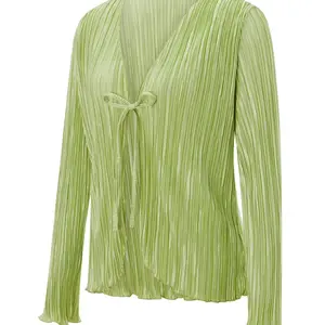 WomenTieUpBlouseSexyVNeckPleatedShirtsLongFlareSleeveCropTopY2kCollaredCardiganVintageStreetwear