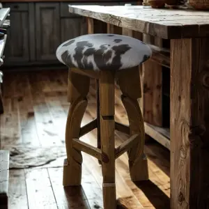 Cowpoke Barstool with Unique Cow Print Seat and Wooden Frame Design