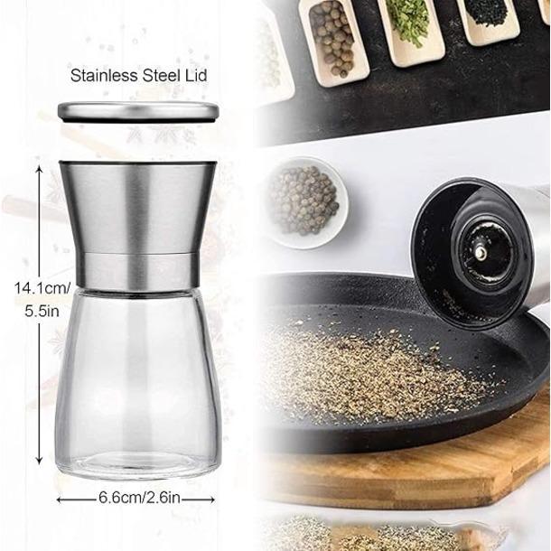 Salt and Pepper Grinder Set with Wooden Standing Tray, Refillable Pepper Mill Set - Brushed Stainless Steel - Short Glass Shakers with Adjustable Coarseness for Peppercorn, Salt or Spice Mills