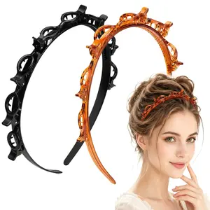Set of 2 braided bang headbands with teeth, a multifunctional professional braiding clip, and an invisible fringe styling tool—everyday fashion hair accessories for women, suitable for both fine and thick hair