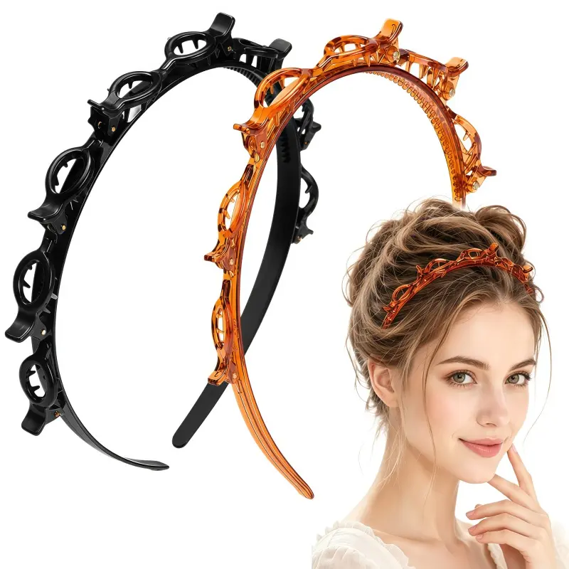 Set of 2 braided bang headbands with teeth, a multifunctional professional braiding clip, and an invisible fringe styling tool—everyday fashion hair accessories for women, suitable for both fine and thick hair