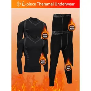 4pcs Men's Thermal Underwear Set Long Sleeve Tops & Pants for Cold Weather Running Gym Skiing & Outdoor Hiking Soft Fleece Lining Moisture Wicking Fabric value pack men Double-Sided Turtleneck winter base layer commuting warm fleece