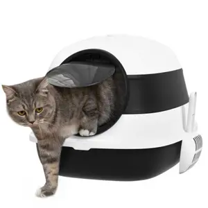 Cat with Lid Covered Box w High Sides Air Freshener Large Two Way Entrance Kitty Litter Foldable Easy Clean White and Black