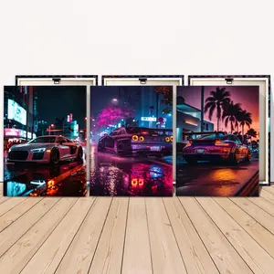 3 Counts Wooden Framed Canvas, Night City Sports Cars Poster, Exquisite Poster, Perfect Living Room Decoration, Modern Art, Fashion Family Poster, Wall Art Decoration, Modern Art Design, Odorless, Waterproof, Artwork