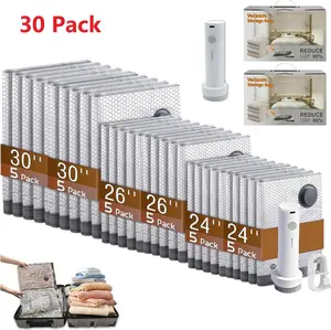 Cordless Travel Vacuum Storage Compression Bag Set 30 Pack -Vacuum Bags for Travel with Rechargeable air Pump，for Luggage and Suitcase, Space Saver for Clothes and Clothing Travel Zipper Pouches（An additional manual air pump is included as a free gift）