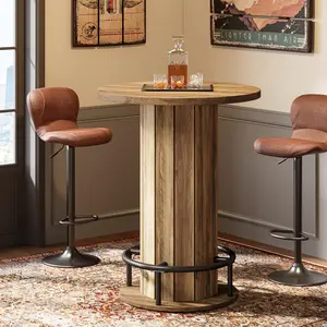 TRIBEWOOD Round Bar Table, 39.4" H Wood Bistro Pub Table with Metal Ring Footrest for Dining Coffee Cocktail Living Room, Small Space, Brown(Only Table)