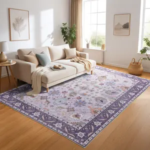 Washable Purple  Large Faux Wool Throw Rug,0.3″ Low Pile & Non-Shedding Boho Large Carpet Rugs,Floral Print Rugs for Living Room,Dining Room, Bedroom, Office,Non-Slip Backing Floor mat,,4x6 Feet,5x7 Feet,6x9 Feet