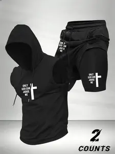 Men's Fashion 2-Piece Set, Letter Cross Print Hooded Sleeveless Vest Top and Drawstring Waist Basketball Shorts, Casual Comfort Gift