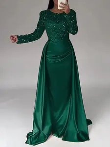Sequin Evening Gown - Glamorous Long Sleeve Crew Neck Plain All Seasons Dress for Special Occasions