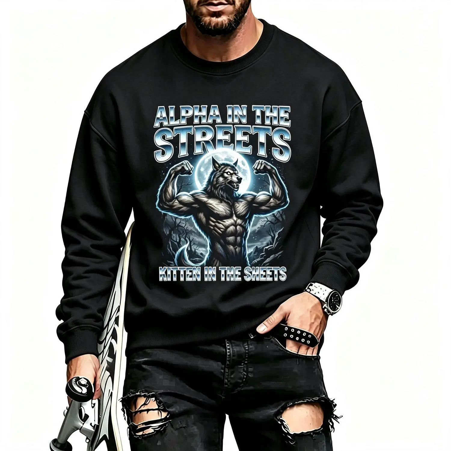 Alpha in The Streets Kitten in The Sheets Funny Alpha Wolf Crew neck sweatshirt casual streetwear graphic pullover unisex fashion trendy comfortable
