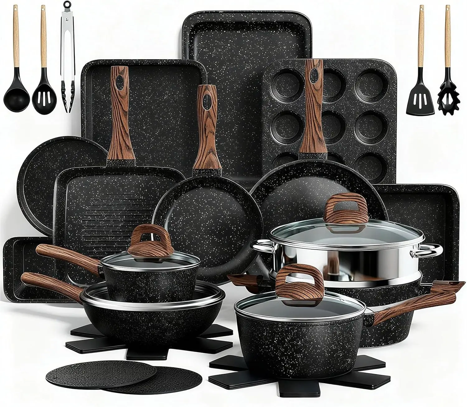 31-Piece Nonstick Cookware & Bakeware Set, Pots and Pans Set with Lids, Induction Compatible, Aluminum Core, Stackable Bakeware, Silicone Utensils & Pan Protectors, Black