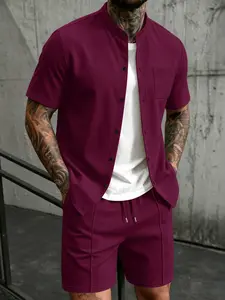 Men's Business Casual Sport Solid Color Waffle Pocket Stand Collar Short Sleeve Shorts Blouse Set, Slim-Fitting Regular Length Top, Menswear