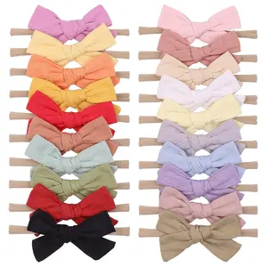 KF5-HBA146 20pcs Baby Girls Cotton Hair Bows Headbands Nylon Hair Bands Elastic Hair Accessories for Newborn Kids Infants Toddlers