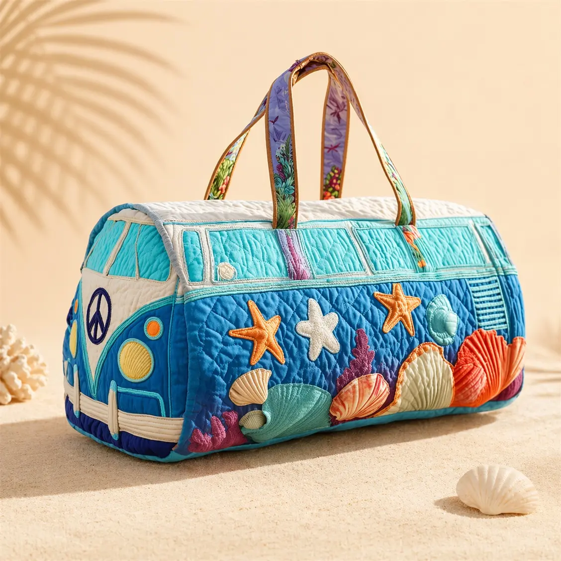 Women's Beachy Patchwork Weekender Bag, Coastal Camper Quilted Duffel, Large Capacity Overnight Tote for Travel, Resort, Pool and Daily Carry