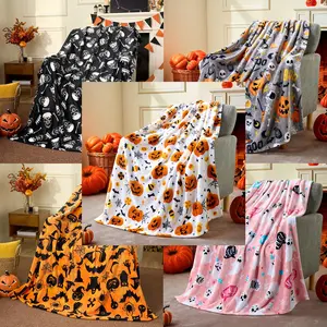 Ghost Pumpkin Halloween Flannel Blanket, Reversible Print Throw Blanket, Soft Warm Sofa Bed Blanket, Ideal Gift for Family Friends