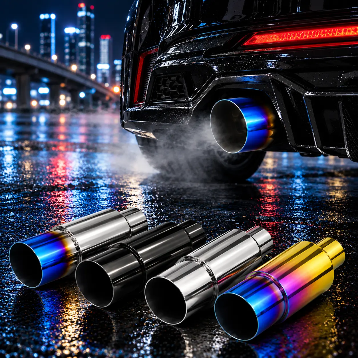 Car Exhaust Tip Decorative Sleeve, Round Metal Tailpipe Cover with Polished Finish, Burnt Blue, Rainbow, Silver and Black Color Options, Exterior Styling Accessory for Compatible Vehicles Black Tailpipe Trim, Automotive Exterior Accessories