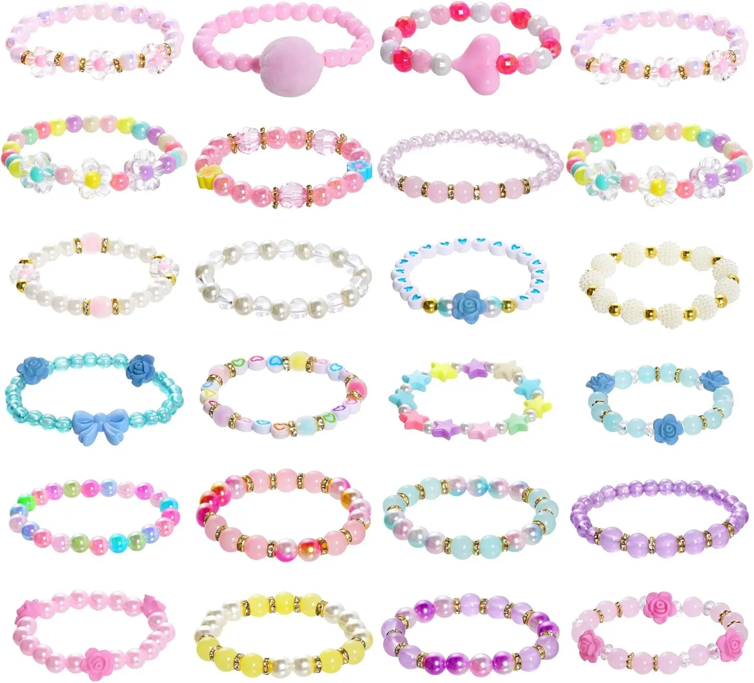 24 Pieces Princess Beaded Bracelets Little Girls Costume Jewelry Set for Birthday Party Favors