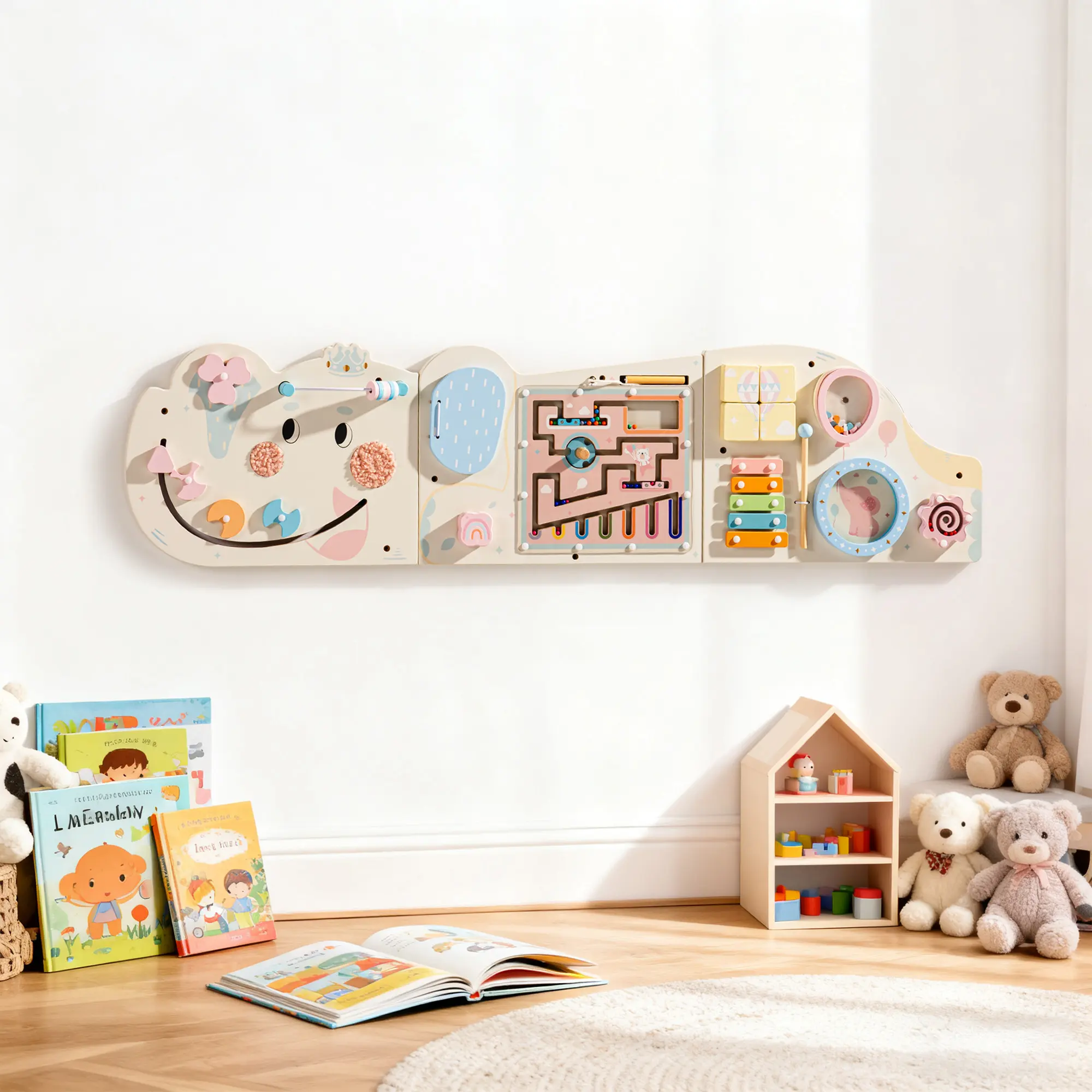 ROBUD Wooden Cream Elephant Busy Board, for Children - Montessori Learning Toy, Wall Mounted Activity Centre with Gears, Maze, Children's Wooden Toy Gifts for Toddlers, Girls, Boys