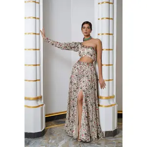 CREAM FLORAL ONE SHOULDER LEHENGA SET (SET OF 2)