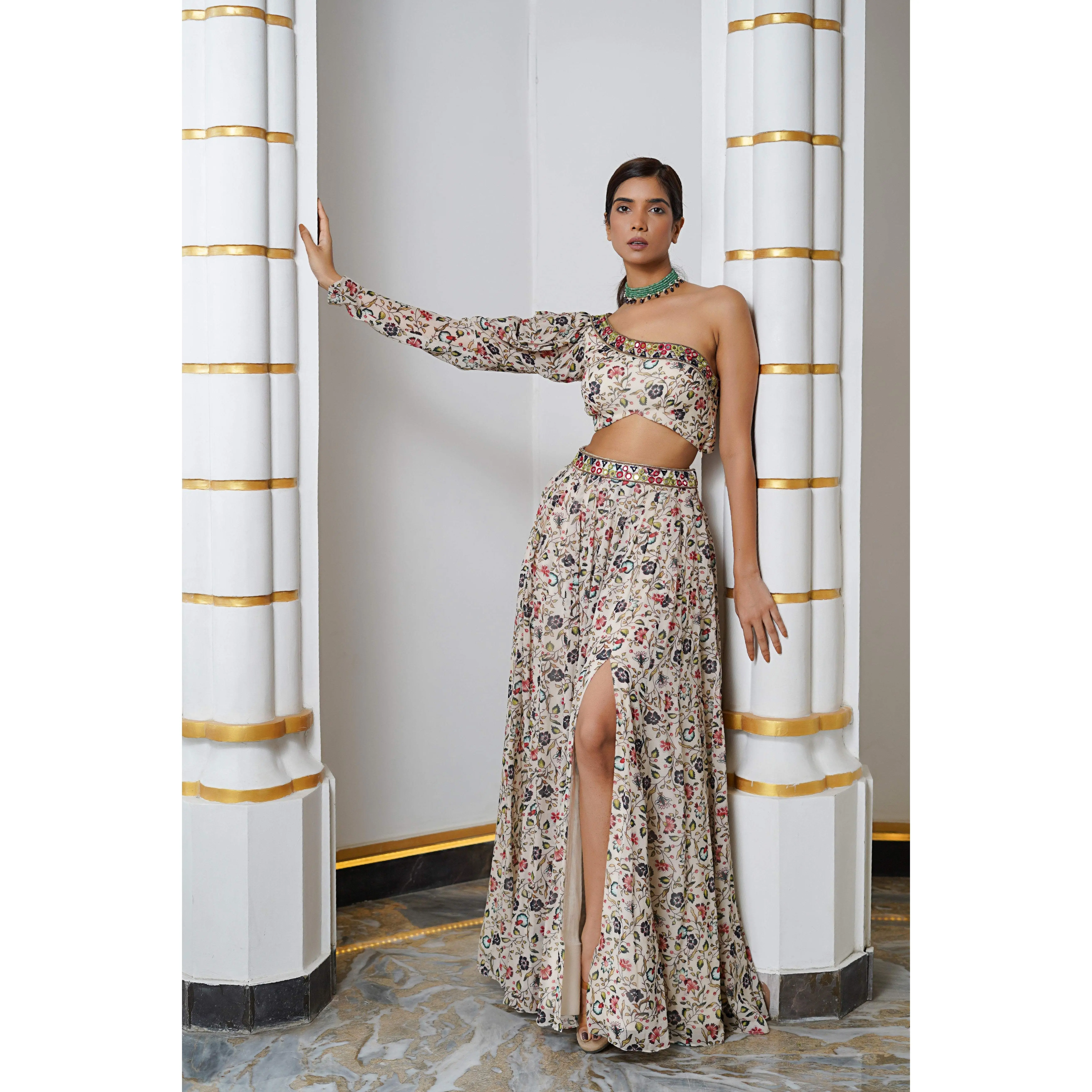 CREAM FLORAL ONE SHOULDER LEHENGA SET (SET OF 2)