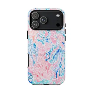 Blue and Pink Warm Water Design Glossy Tough iPhone Case, Pastel Watercolor Floral Phone Cover for iPhone 7–17 Pro Max, Slim Protective Polycarbonate + TPU Shockproof Case