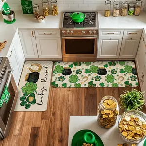 2pcs/3pcs St. Patrick's Day Kitchen Rug Set with Irish Clover Gnome Dog Paws Gold Hat Pattern, Lucky Decor for Holiday Celebrations, Kitchen Rugs Sets