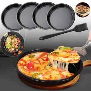 4-Piece Pizza Tray, Black Pizza Tray Round, Diameter 22 cm, Non-Stick Pizza Plate, Large Pizza Plate for Pizzas, Pies and Cakes (with Silicone Grease Brush)