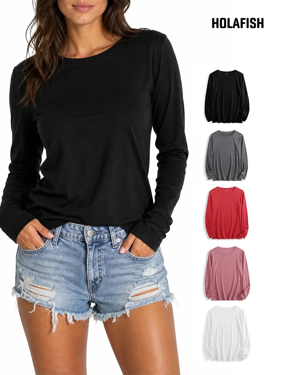Holafish Women Basic Long Sleeve Shirt Round Neck Long Sleeve For Women Soft Stretch Lightweight Basic Top For Fall Daily Everyday Casual Wear Perfect Base Layer & Casual Daily Top Womenswear
