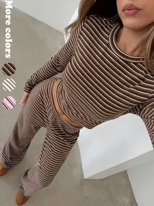Women's Casual Home 2-Piece Set, Striped Round-Neck Long-Sleeve T-Shirt and Loose Straight Leg Pants for Daily Wear and Sports
