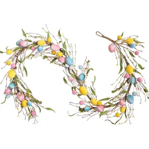 70 Inch Easter Garland Spring Artificial Garland with Colorful Easter Eggs Greenery Twig for Mantel Fireplace Staircase Door Table Home Party Indoor Decor