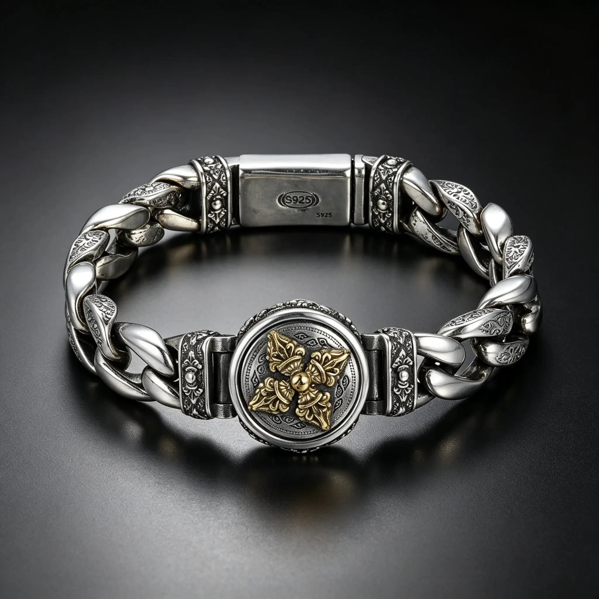 S925 Sterling Silver Vintage Heavy-Link Bracelet with Engraved Medallion - Grunge Punk Aesthetic Statement Jewelry, Unisex Indie Sleaze Streetwear Outfits Gift