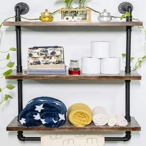 Industrial Wall Mounted Iron Floating Pipe Shelves/Shelving/Racks/Storage/Bookcases/Brackets, DIY Open Bookshelves/Shelving for Kitchen/Office, Retro Black (3-Tier Floating Shelves)