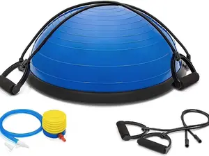 Half Exercise Ball Trainer - Balance Yoga Ball with 2 Straps, Resistance Bands & Foot Pump - Stability Balance Board for Home Gym, Core Strength, Fitness, Balance & Full Body Workouts | Blue, 46cm