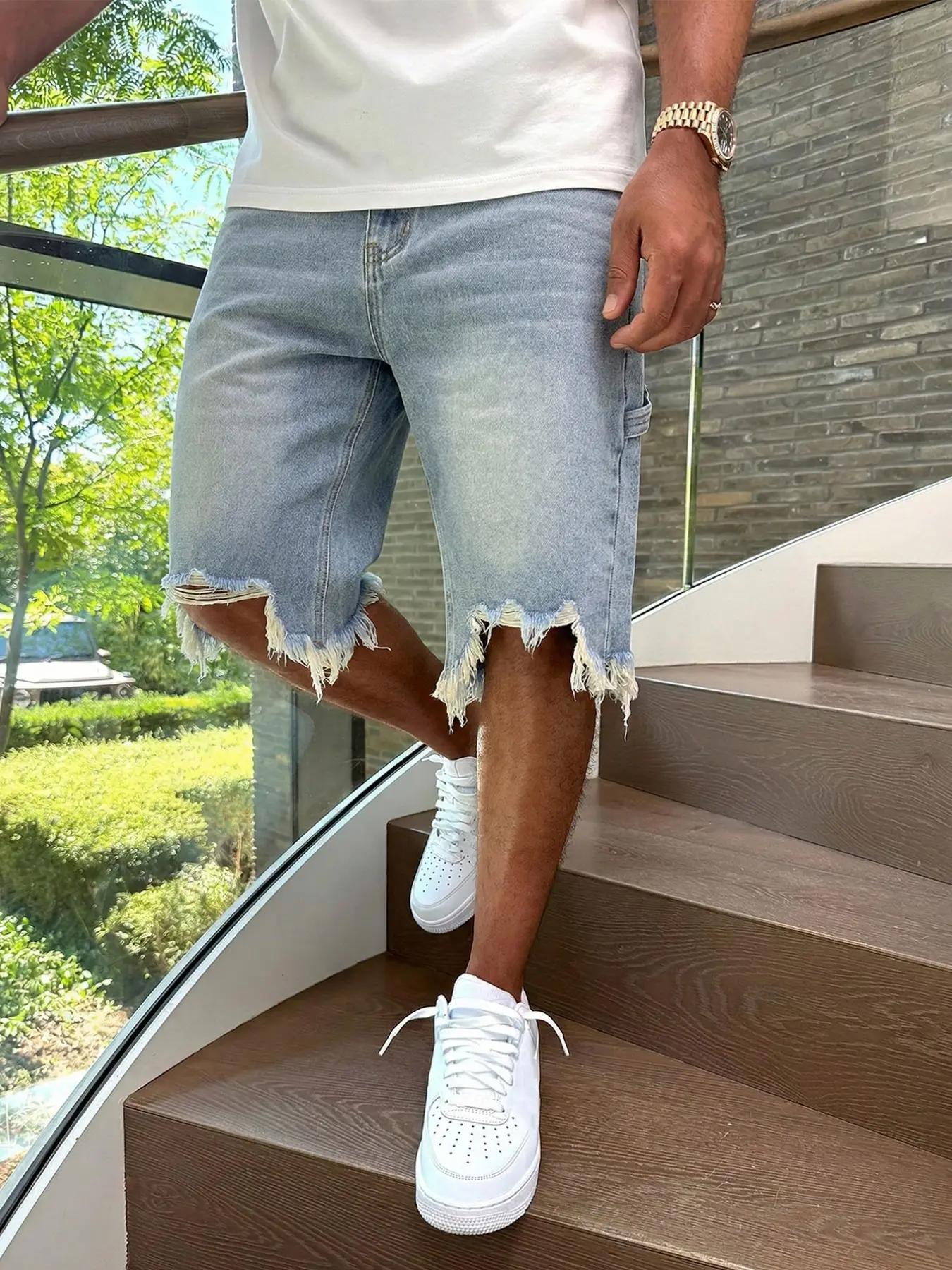 Men's Blue Washed Denim Jean Shorts, Non-Stretch Frayed Jorts, Streetwear, Menswear, Size XS-W30 to XXL-W40, S Fits W32