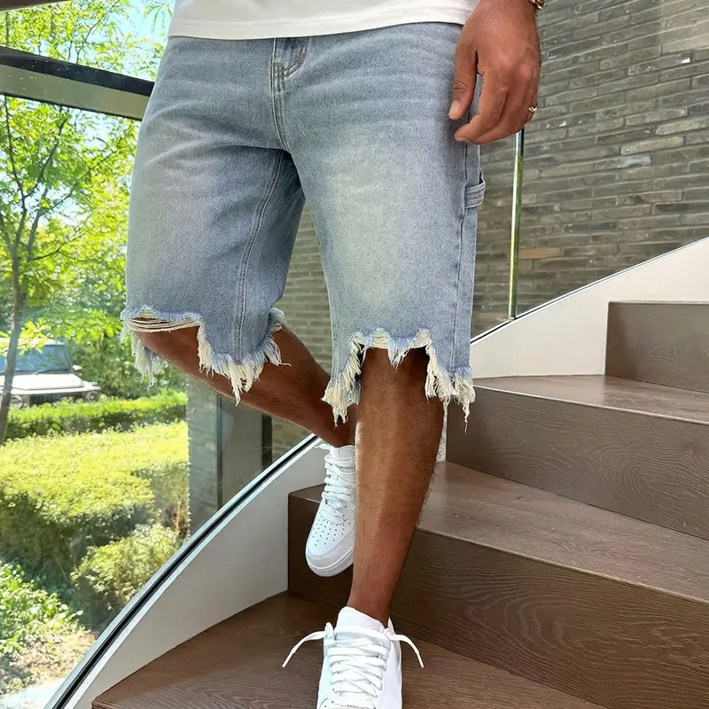 Men's Denim Shorts, Vintage Ripped Distressed Jean Jorts with Raw Edge Frayed Hem, Aesthetic Hip Hop Casual Streetwear - Recommend Sizing Up for Loose Fit
