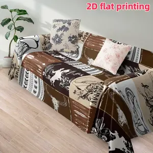 2D flat 1Pc Western Style Digital Printed Sofa Cover, Sofa Slipcover with Cowboy Rodeo Skull Design, Perfect for All Seasons, Pet-Friendly, Scratch-Resistant and Dust-Proof, Machine Washable, Suitable Single to 4-Seater Sofas-Ideal Living Room