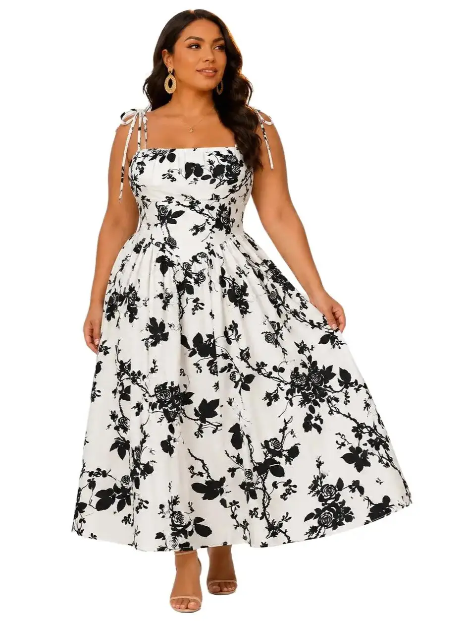Plus Size Curvy Rose Pattern Midi Dress, Sleeveless A-Line Chiffon Sundress with Shirred Smocked Back and Adjustable Tie Straps, Casual Wear, Plus Size Fashion, Curvy Dresses Plus Size Boho Flowy Dress Womenswear Bohemian Print Spaghetti Strap