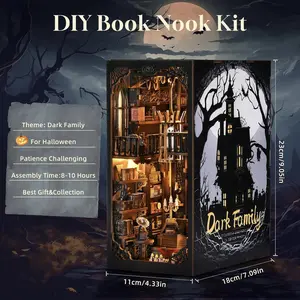 [Dark Family] 3D Miniature House Model Kit, DIY Book Nook Kit, 3D Wooden Puzzle, Model Toy Set with Dust Cover, Gift for Halloween, Anxiety Relief Products