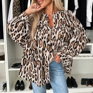 Jet Stream Oversized Leopard Print Balloon Sleeve Casual Shirt